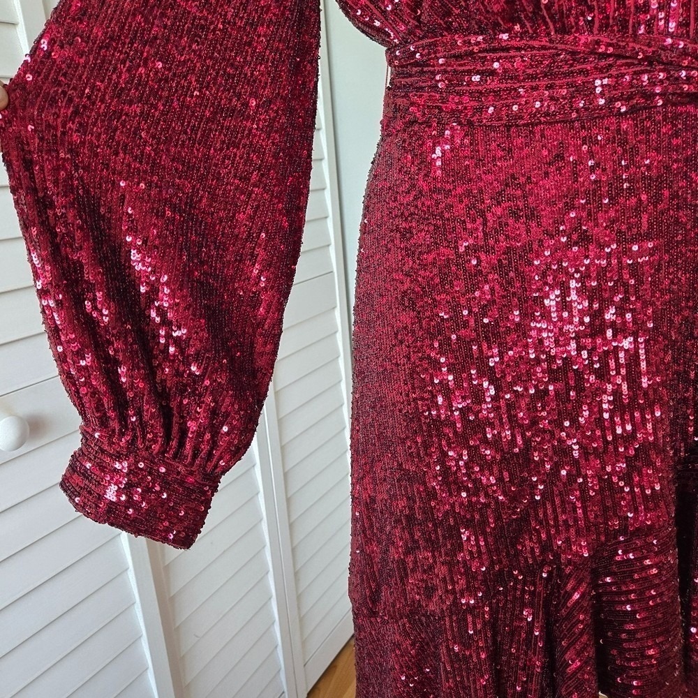 Sachin & Babi Burgundy Sequin Midi Dress L Designer Runway Glam Luxe Holiday NYE - Picture 4 of 14